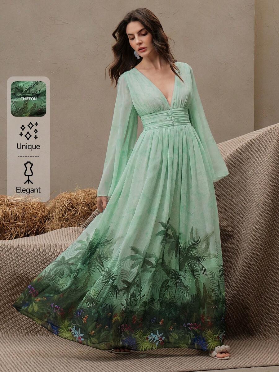 Anewsta Vestido de praia de verão em chiffon, vestido de manga comprida esvoaçante para férias em resort - Verde - Ver 1
