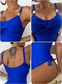 Swim DD+ 1pc Women Solid Color Twist Knot Drawstring Sleeveless One-Piece Swimwear For Summer Beach Vacation - Blue - View 8