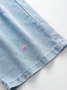 Girls Y2K Style Distressed Light Washed Loose Casual Jeans With Cute Embroidered Bowknot, Practical & Fashionable Straight Leg Design For Daily Wear Fall Winter - Light Wash - View 6