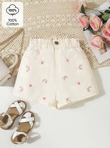 Tween Girls' Summer Ruffled Waist Rainbow & Heart Embroidered Fashionable Snug Fit Denim Shorts - Apricot - View 1