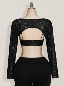 SHEIN ICON Plus Size Extra Cropped Long Sleeve Top With Rhinestone Embellished Mesh Overlay, Y2K Style,Club Outfits Women Sexy,Going Out Tops Women