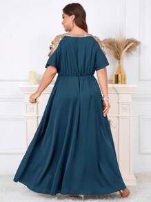 SHEIN Clasi Plus Size Elegant Party Ribbon Trim Off Shoulder Dress,Wedding Guest Dress Women - Teal Blue - View 2