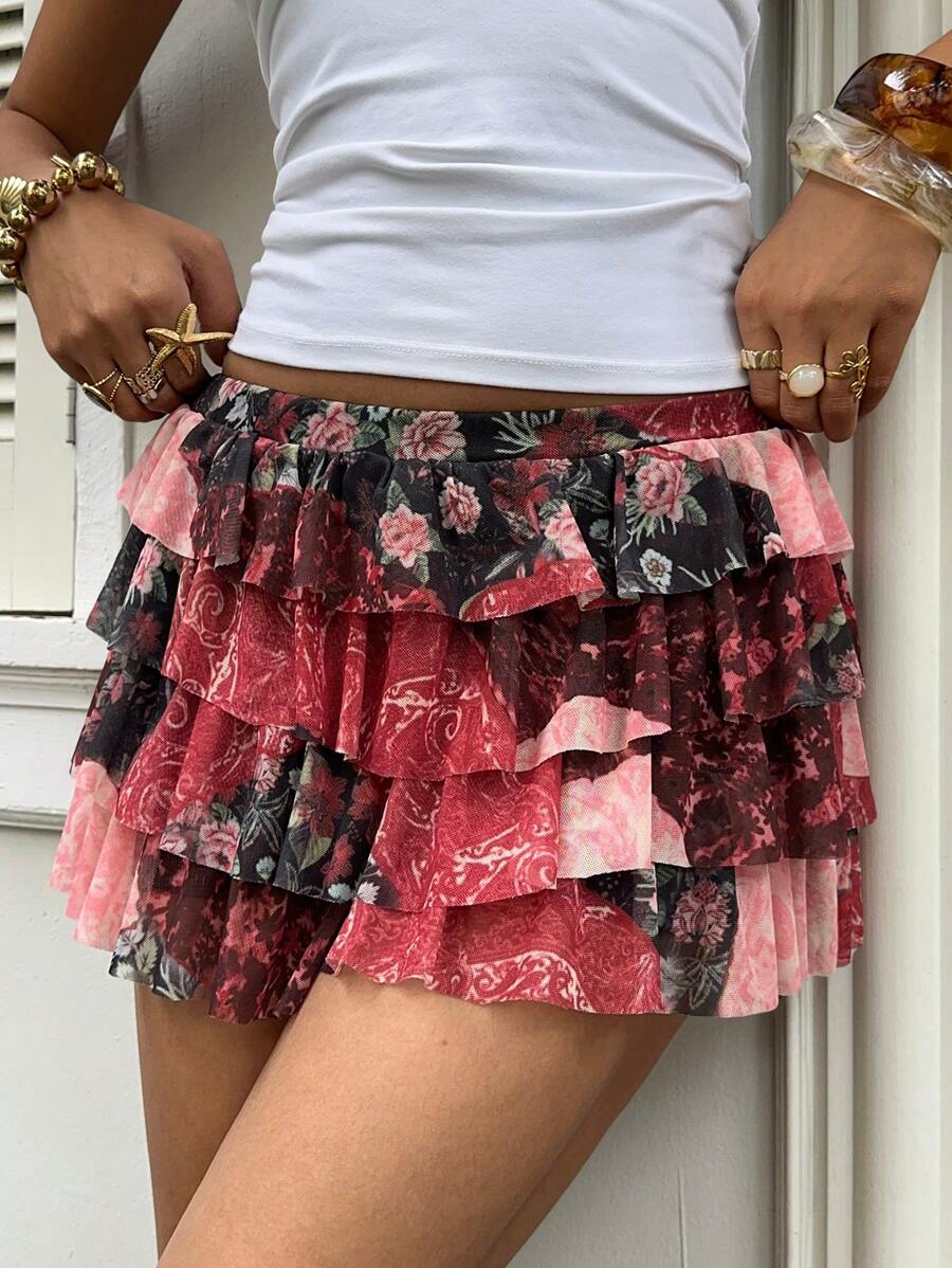 Sunnyshic Casual Multi-Layered Printed Shorts Skirt, Summer - Multicolor - View 1