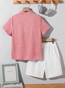 SHEIN Tween Boy Casual V-Neck Short Sleeve Shirt And Shorts Set - Pink - View 2