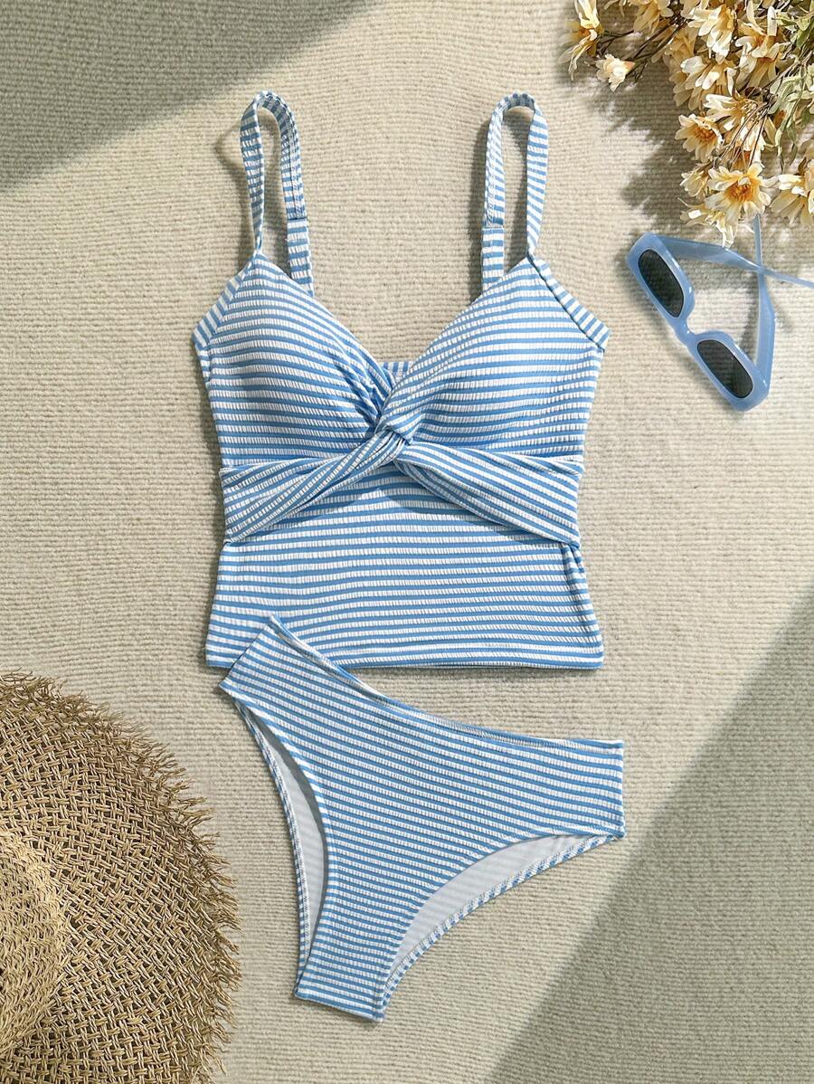 Soleia 2pcs Women's New Striped Vest + Triangle Bikini Swimsuit Set, Vacation Style Off The Shoulder Christmas Tops For School Back To School Outfits Women Back To School Women's Fall Clothes Goth Women Clothing Club Outfits Women Sexy Halloween Costumes Going Out Outfits Concert Outfits Country Concert Outfit - Multicolor - View 1