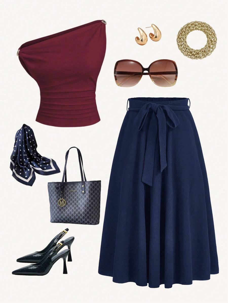 Ellevyn Solid Belted Flare Skirt - Navy Blue - View 1