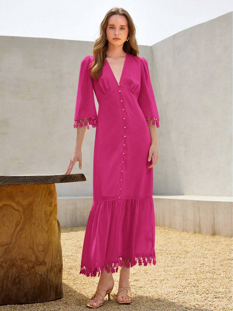 SHEIN Unity Nuevo elegante vestido largo de mujer con cuello en V profundo, diseño de botones, mangas 3/4, dobladillo voluminoso, detalles de encaje floral y estilo retro francés de resort, color liso - Rosa Fucsia - Ver 1