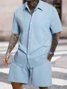 Manfinity KASUA Manfinity Swimmode Men's Color Block Short Sleeve Shirt And Shorts Set Men Swim Trunks Textured Fabric Men Swim Trunks Men's Summer Casual Solid Color Textured Shirt & Shorts Set Men Swim Trunks Men Swim Trunks