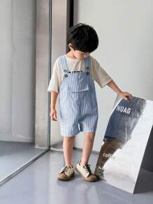 SHEIN 1 件装年轻男孩休闲舒适时尚简约实用百搭柔软学院风绿色格子面料背带裤，适合春夏季 - 藍色 - 查看 5