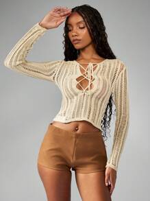 MISSGUIDED Laddered Knit Plunge Crop Sweater Long Sleeve Winter Fall Lace Up Fashion Cropped Knitted Top