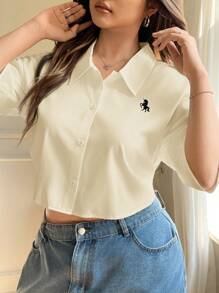 SHEIN EZwear 大码女式休闲独角兽印花落肩衬衫 - 杏色 - 查看 4