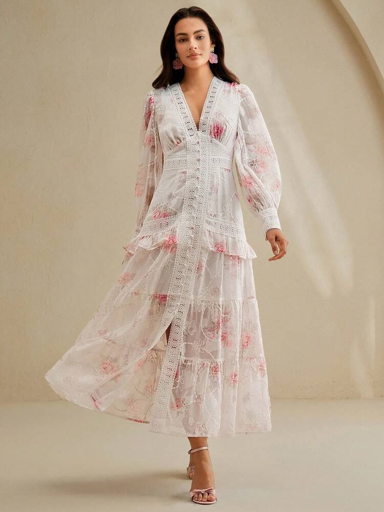 Long White Floral Dress For Women Elegant Woven Maxi Dress With Long Sleeves And V Neck