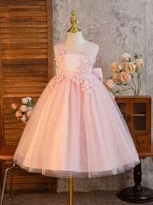 SHEIN Glamorique Kids Vestido de princesa para niñas con flores bordadas, lentejuelas y tul, ideal para fiestas de vacaciones, cumpleaños y bodas