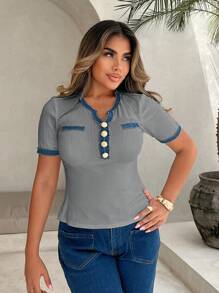 Xyvia 女士复古风格秋季牛仔撞色T恤 - 灰色 - 查看 3