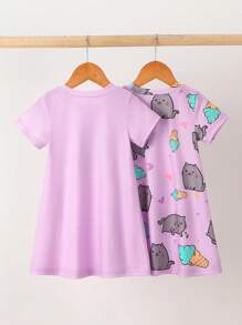 2 قطعة من فساتين المنزل الطويلة ذات الأكمام القصيرة للبنات الصغيرات، من قماش ناعم ومريح، بتصميم كرتوني بطبعة فيل، للصيف