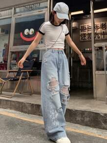 DAZY Quần Jeans Thường Ngày Rộng Rãi Phối Ren Chắp Vá Tie-Dye Cho Nữ, Phong Cách Giải Trí Đường Phố - Rửa nhẹ - Xem 5