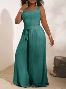 Slaydiva Bộ đồ 2 mảnh quần ống rộng màu kaki dáng xương cá, có túi, chất liệu vải dệt họa tiết, dành cho nữ cỡ lớn, thích hợp cho kỳ nghỉ xuân/hè. - màu xanh lá - Xem 4