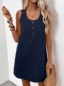 EMERY ROSE Women's Solid Color Button Pocket Casual Sleeveless Dress, Summer - Navy Blue - View 6