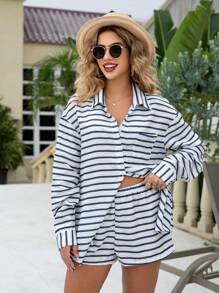 Swim Lushoire 2 件套女士夏季复古条纹衬衫和短裤套装，休闲度假海滩装 - 黑與白 - 查看 1