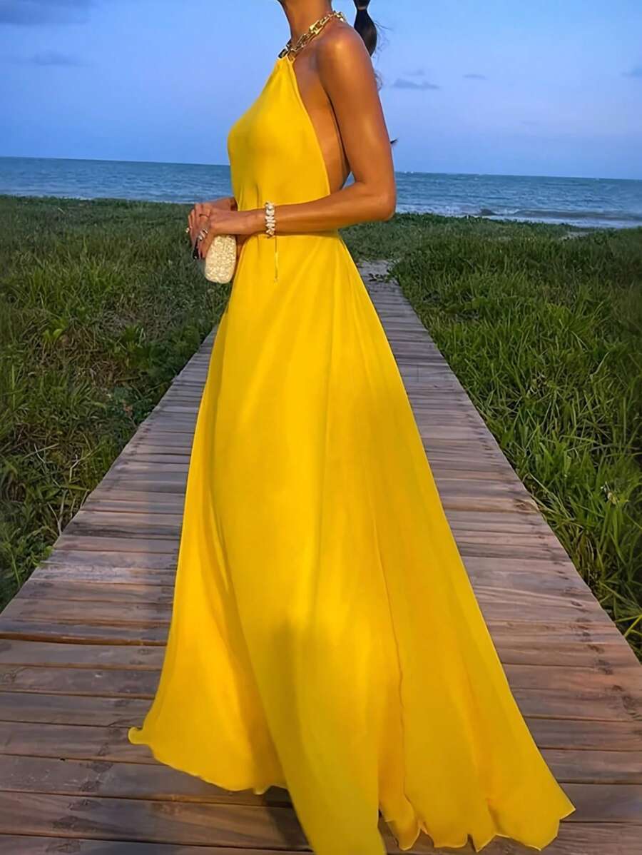 INAWLY Women's Fashion Casual Elegant Sexy Romantic Backless Halter Yellow Sleeveless Dress - Yellow - View 1