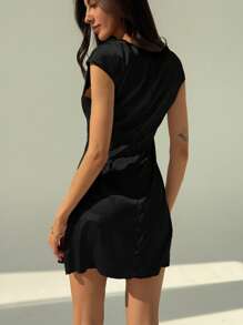 Aloruh Minimalist Office Outfit Stand Collar Tight Fitting Mini Satin Dress For Women - Black - View 2