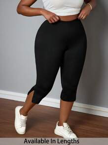 SHEIN PETITE CURVE Plus Size Solid High Waist Split Hem Capri Leggings Black Capris For Women Black Leggings For Women Plus Size Capri Leggings , Summer Outfits For Women, Suitable For People Of Shorter Stature - Black - View 8
