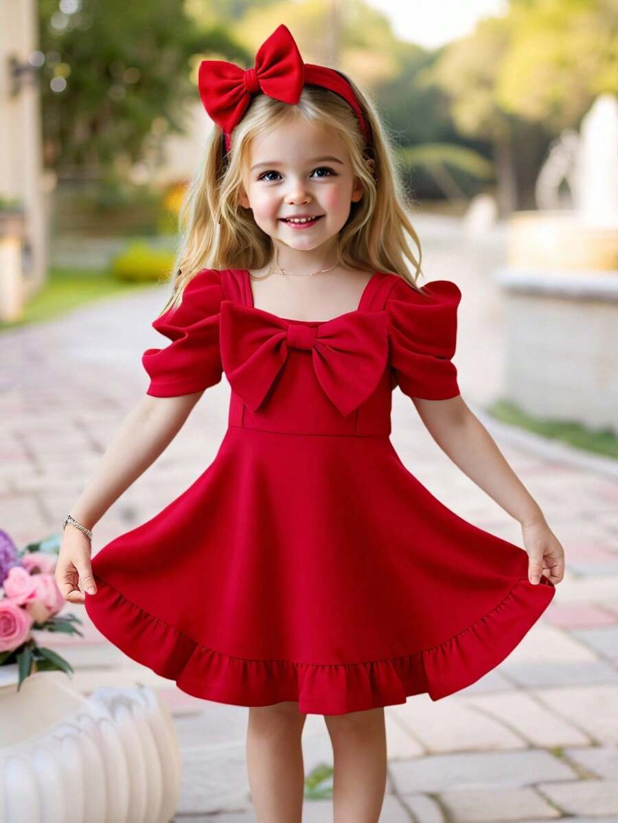 Emery Rose Kids Emery Rose Kids Đầm dệt kim tay lỡ cổ vuông bèo nhún nơ màu đỏ cho bé gái, thích hợp cho ngày lễ tình nhân, đám cưới, lễ hội - Đỏ - Xem 1