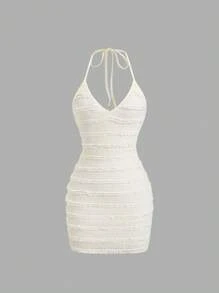 Sweetra Vestido mini informal con textura de punto, volantes, espalda descubierta y nudos, ligero para mujer, ideal para primavera/verano
