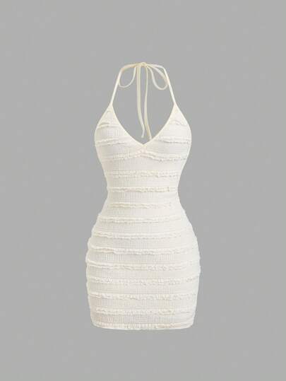 Sweetra Sweet Knitted Texture Frill Trim Backless Lightweight Casual Tie-Up Mini Dress For Women, Spring/Summer