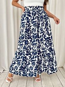 SHEIN Tall CURVE Pantalones anchos con estampado de plantas y bolsillos para mujer de talla grande, ideales para vacaciones