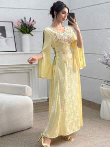 Yasmyna Vestido fluido de manga abullonada con escote en V, aplicaciones florales 3D y volante, color amarillo, para primavera/verano