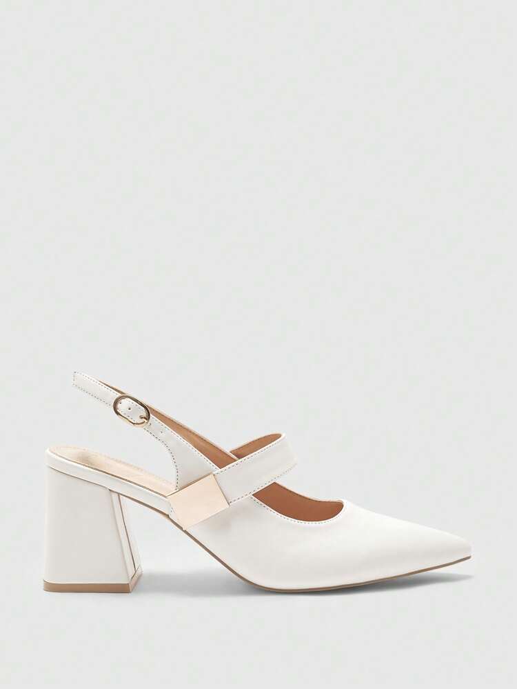 CUCCOO BIZCHIC Women's Fashion White Metal Buckle Decoration Chunky Mid Heel Pumps, Classic Minimalist For Work, Date, Party, Holiday, Wedding For Christmas Spring Shoes