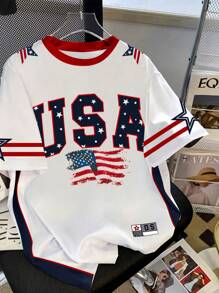 INAWLY American Casual Street Style Flag Star Element Plus Size Women's T-Shirt