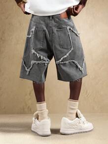 SUMWON Distressed Denim Jorts High Fashion Star Pattern Cut Out Design Knee Length Street Style Festival Summer Shorts