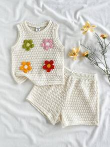 SHEIN Vintaside Kids Baby Mädchen Sommer Set aus ärmellosem Oberteil mit rundem Ausschnitt und modischem Blumendruck sowie passenden legeren Shorts, geeignet für zu Hause, Lässig, Outdoor-Aktivitäten und Treffen mit Freunden - Aprikosenfarben - Übersicht 4