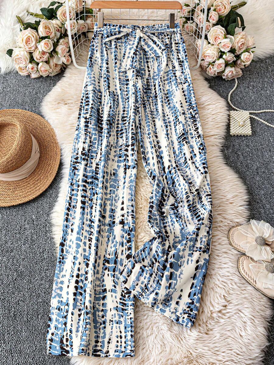 SHEIN Tall Women's Printed Loose Fit Bowknot Waist Elegant Holiday & Casual Long Pants Fall Cloth For Women - Multicolor - View 1