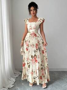 Selianne 女式优雅花卉印花百褶下摆长裙，夏季 - 杏色 - 查看 6