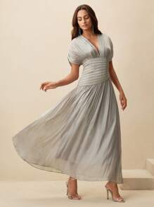 Anewsta Đầm dài thanh lịch cổ chữ V tay ngắn đính hạt cườm xếp ly eo cho nữ, mùa hè - Xám - Xem 4