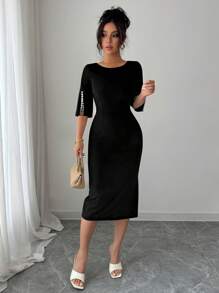 Elenzga Đầm nữ cổ tròn đính ngọc trai thắt eo thanh lịch lãng mạn chi tiết - màu đen - Xem 4