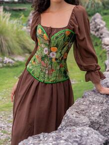 SHEIN Myrelith Green Floral Print Lace Up Corset Bustier Top For Women - Style Regular Length Fabric Corset