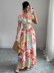 SHEIN ChicEase Váy bó eo họa tiết nhiệt đới thanh lịch dành cho nữ, phong cách nghỉ dưỡng - Nhiều màu - Xem 2