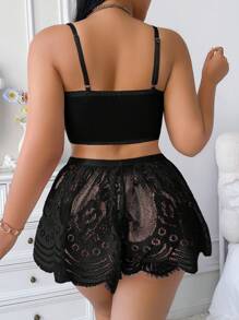 Plus Size Sexy Revealing Lace Bra Top And Shorts Pajama Set