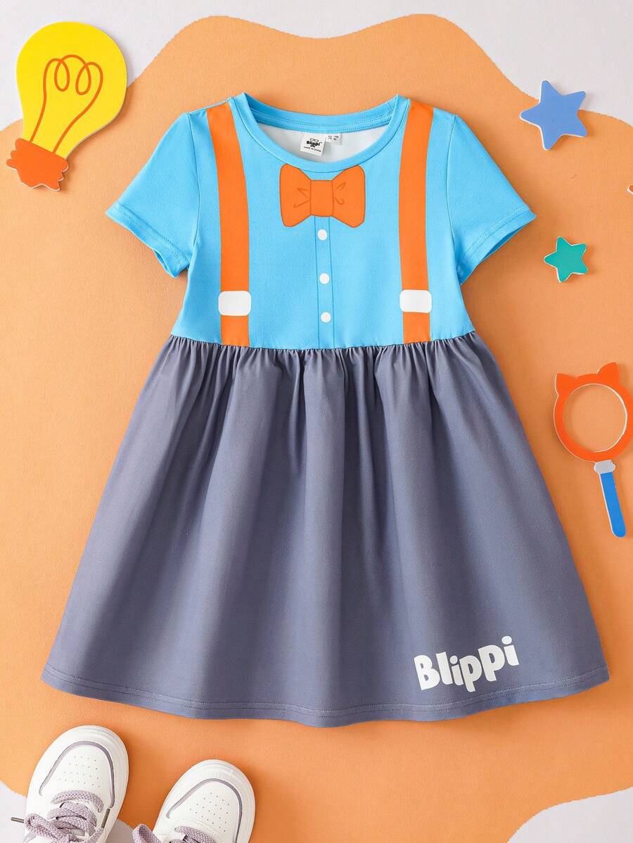 Blippi X SHEIN 年轻女孩可爱蝴蝶结和拼布印花吊带睡衣裙 - 彩色 - 查看 1