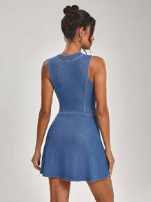 SHEIN Essnce 女式休闲日常口袋腰无袖牛仔连衣裙 - 藍色 - 查看 2