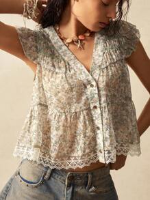 Bohemela Boho Countryside Resort Style Casual Woven Printing Ruffle Puff Sleeve V-Neck Women Blouse