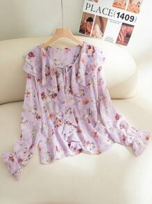 Modelyn Women Floral Print Flounce Collar Long Sleeve Elegant Blouse - Mauve Purple - View 1
