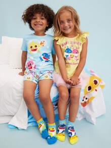 BABY SHARK X SHEIN 3双儿童纯棉可爱卡通海洋图案袜子，加固脚趾和脚跟，耐磨，适合男孩和女孩，适合上学和日常穿着，所有季节 - 彩色 - 查看 5