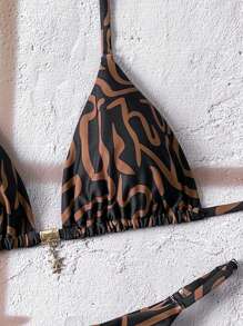 Swim Vcay Women's Summer Random Print Metal Decor Halter Sexy Bikini Set - Multicolor - View 4