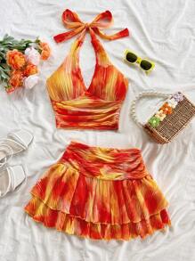 Soleia Women's Sunset Ombre Gradient Print Pleated Fabric Halter Neck Bodycon Top And Double Layer Ruffle Mini Skirt Set, Holiday, Date, Afternoon Tea, Beach, Cruise, Road Trip, Music Festival, Boho Vacation Summer Skirt Set Vacation Outfits Woman Skirt Set Beach Skirt Set Tequila Sunrise Outfit - Coral Orange - View 5