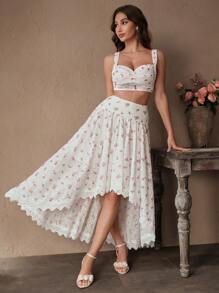 SHEIN Unity Ensemble de deux pièces femme avec top brassière brodé floral élégant pour vacances/rendez-vous et jupe asymétrique en patchwork de dentelle - Rouge et Blanc - Voir 6